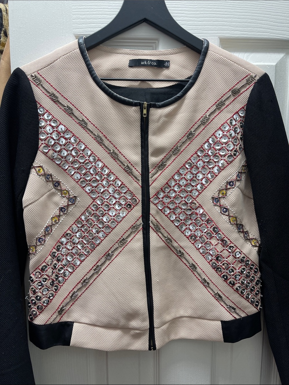 Ark & Co Beige and Black Embellished Zip-Front Jacket